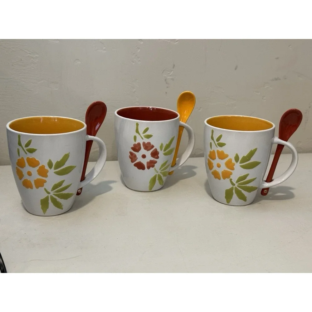 Lot Of 3 Pier 1 Stoneware Coffee Mugs 14 oz  with Spoons Fowers Hand painted